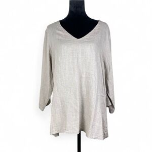 NWT Flax Women’s Pullover Linen Tunic Blouse 3/4 Sleeve Relaxed Fit Boho Beige